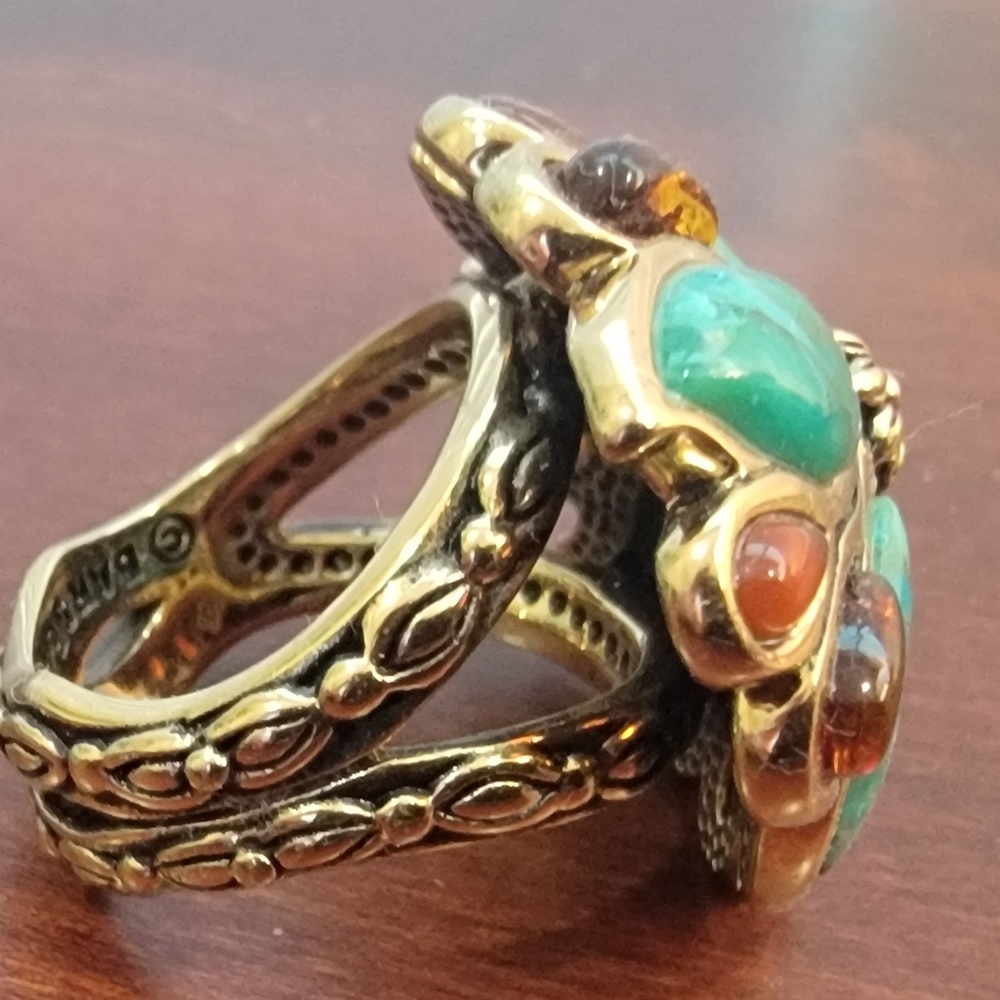 Barse Brass Turquoise & Amber Ring SZ 7 - Picture 2 of 2